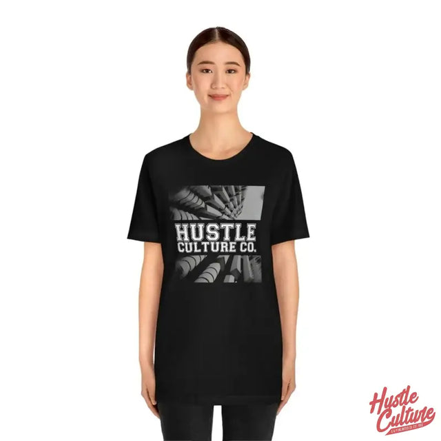 Futuristic Streetwear Tee From Hustle Culture: Woman In Black T-shirt With ’hut Culture’_cho881