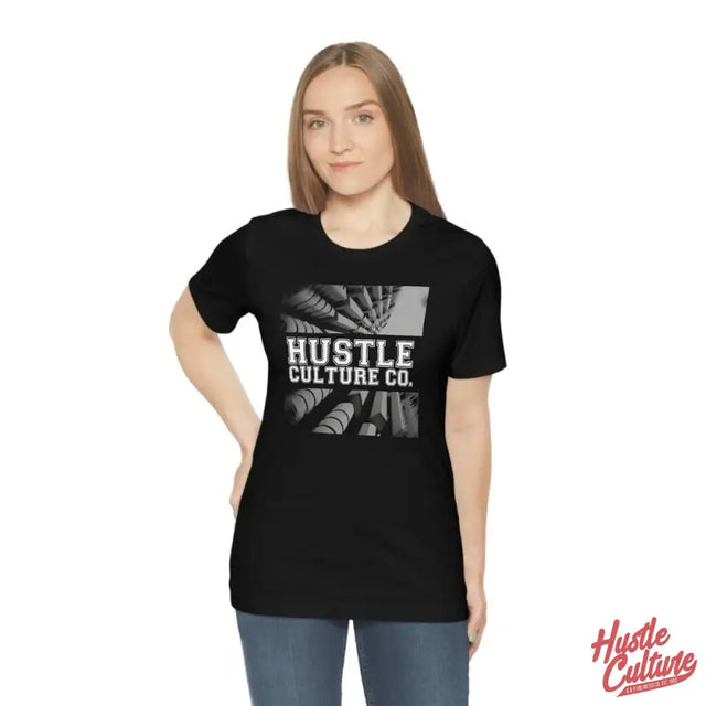 Woman Wearing Black Hustle Culture Tee With ’hut’ Design