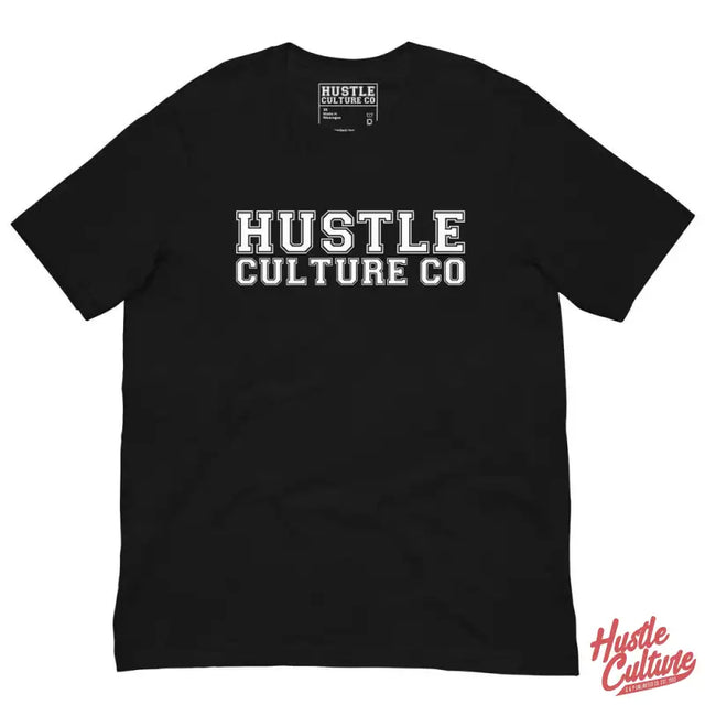Black Heather Varsity T-shirt Showcasing Hustle Culture Co Design