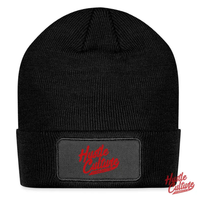 Red Logo On Black Hustle Culture Co. Patch Beanie