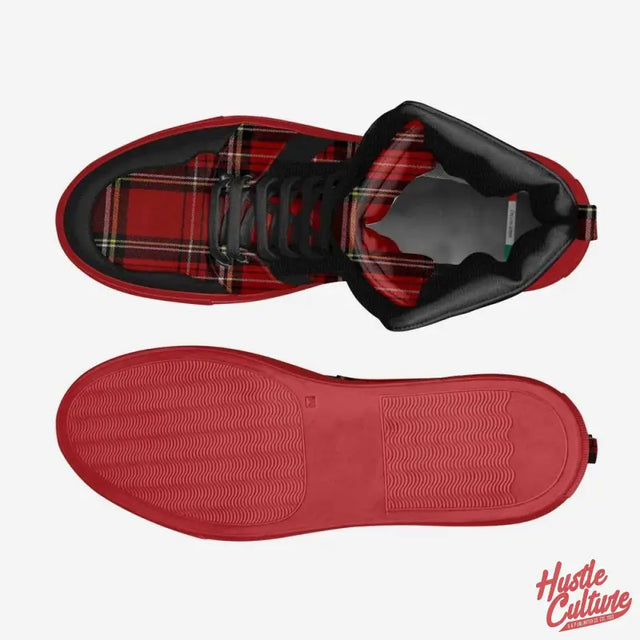 Italian Leather Classic Shoes By Hustle Culture: Red And Black Plaid Shoes