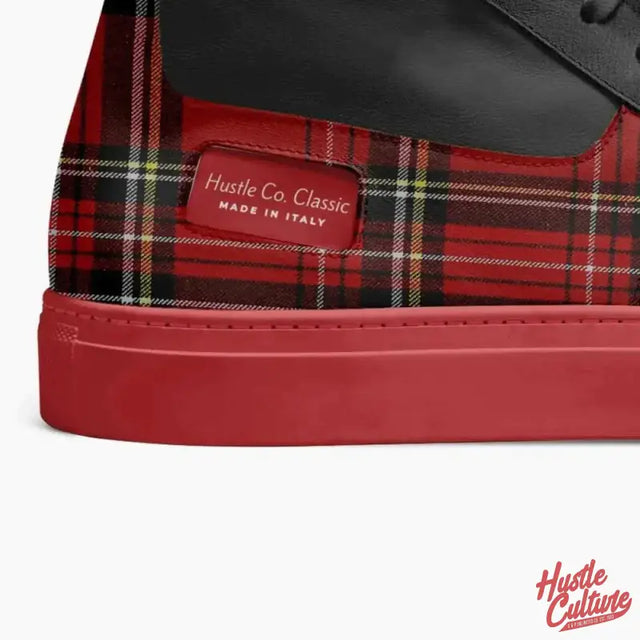 Italian Leather Classic Shoes By Hustle Culture: Red And Black Plaid High Top Sneakers