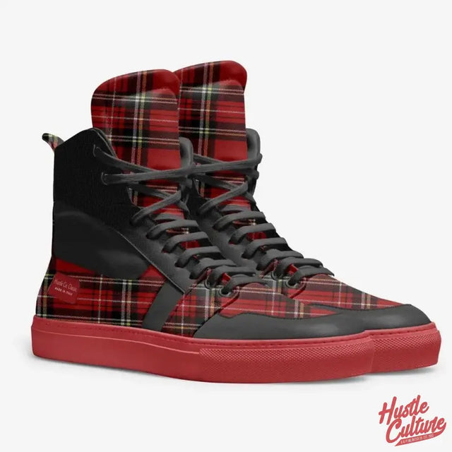 Italian Leather Classic Shoes By Hustle Culture - Red And Black Plaid Sneakers