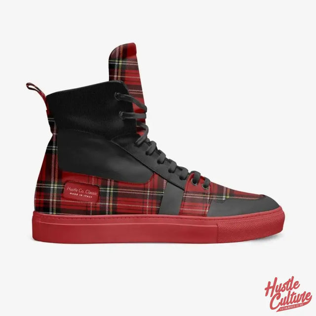 Red And Black Plaid High Top Sneaker By Hustle Culture - Italian Leather Classic Shoes