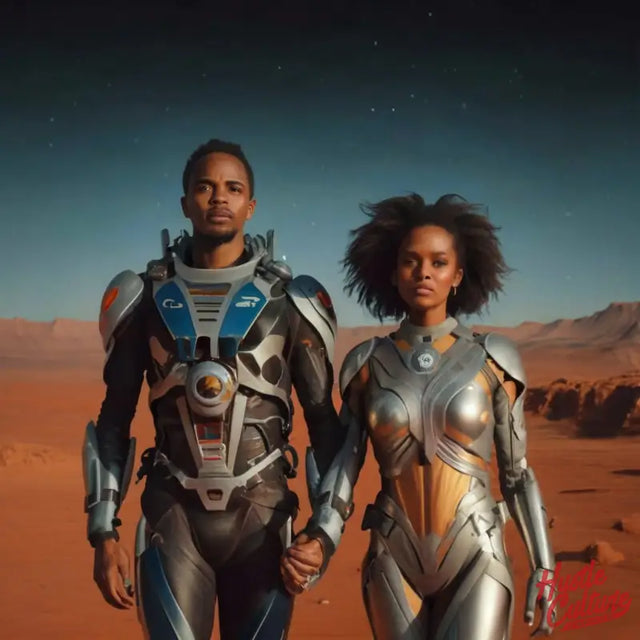 Futuristic Man And Woman Walking Through Desert In Love & Partnership: a Universe Called Product