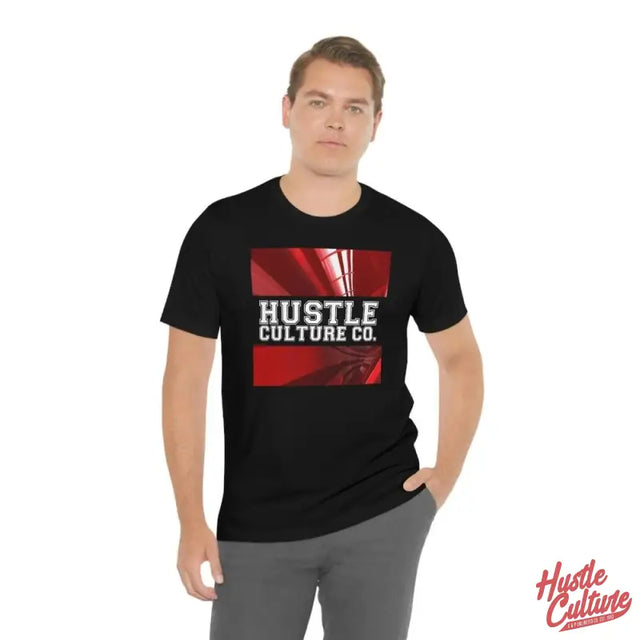 Man Wearing Black Shirt With Red And White Logo - Red Robotic Culture Tee - Rebecca