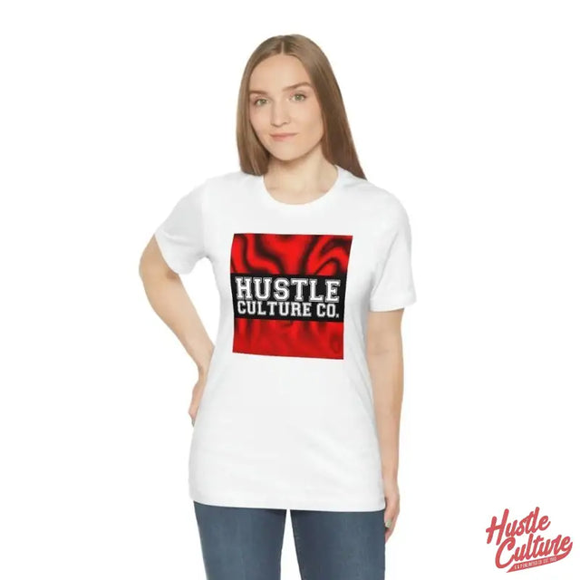 Woman Wearing ’red Trippy Hustle Culture Tee’ With Hut Design