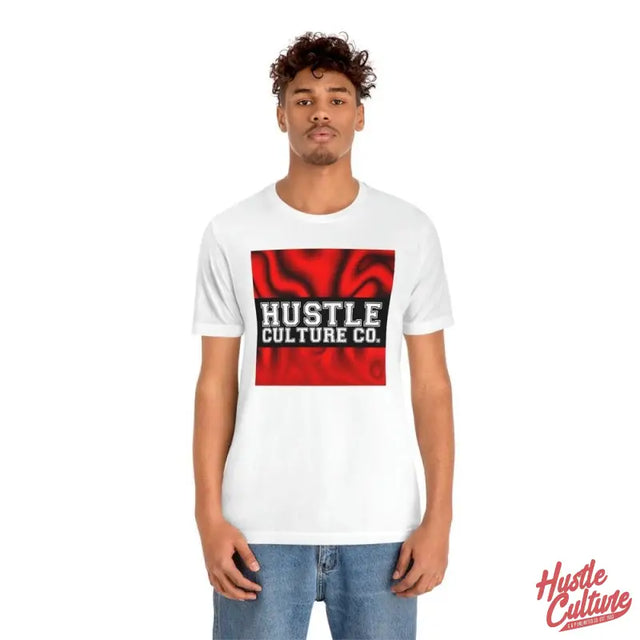 Man Wearing Red Trippy Hustle Culture Tee With ’hut Culture’ On White Shirt