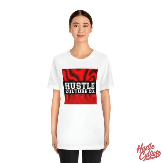 Red Trippy Hustle Culture Tee Featuring a Woman In a White Shirt With ’hut Culture’ On It
