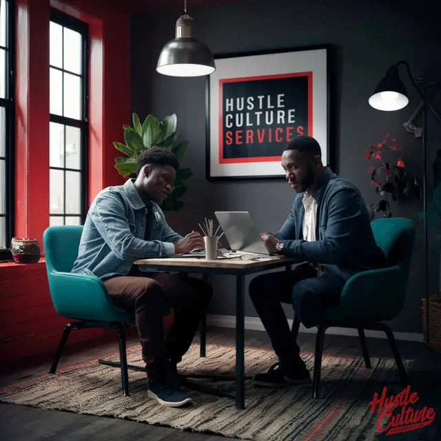 Two Men Sitting At a Table In a Room Having Free Hustle Culture Consultation